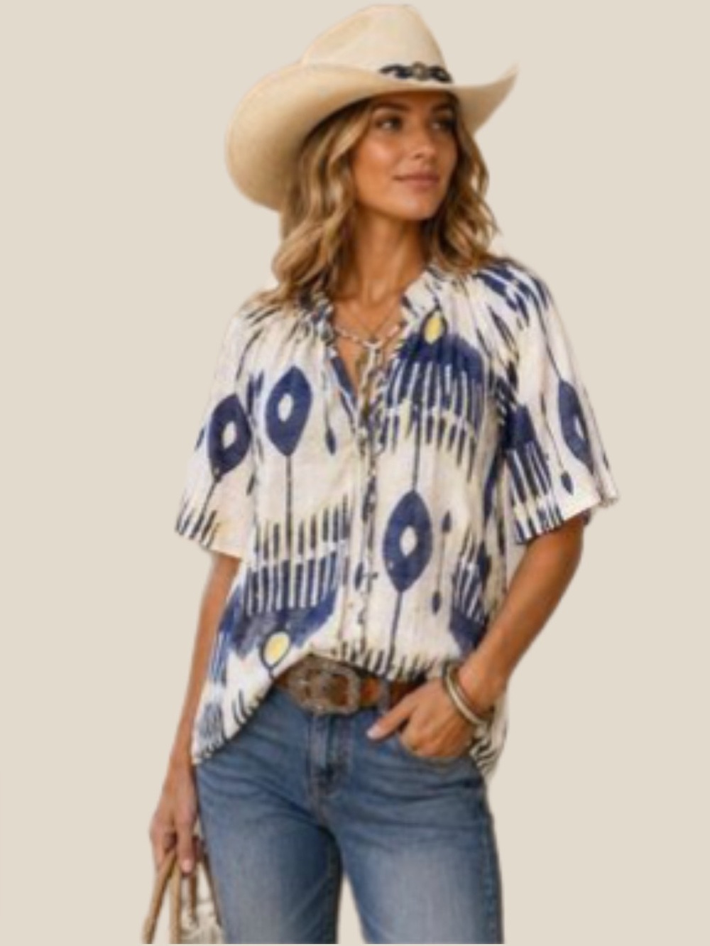 Alex & Parker Boho Chic Ikat Print Tie-Front Button Down Gold metallic dots Top